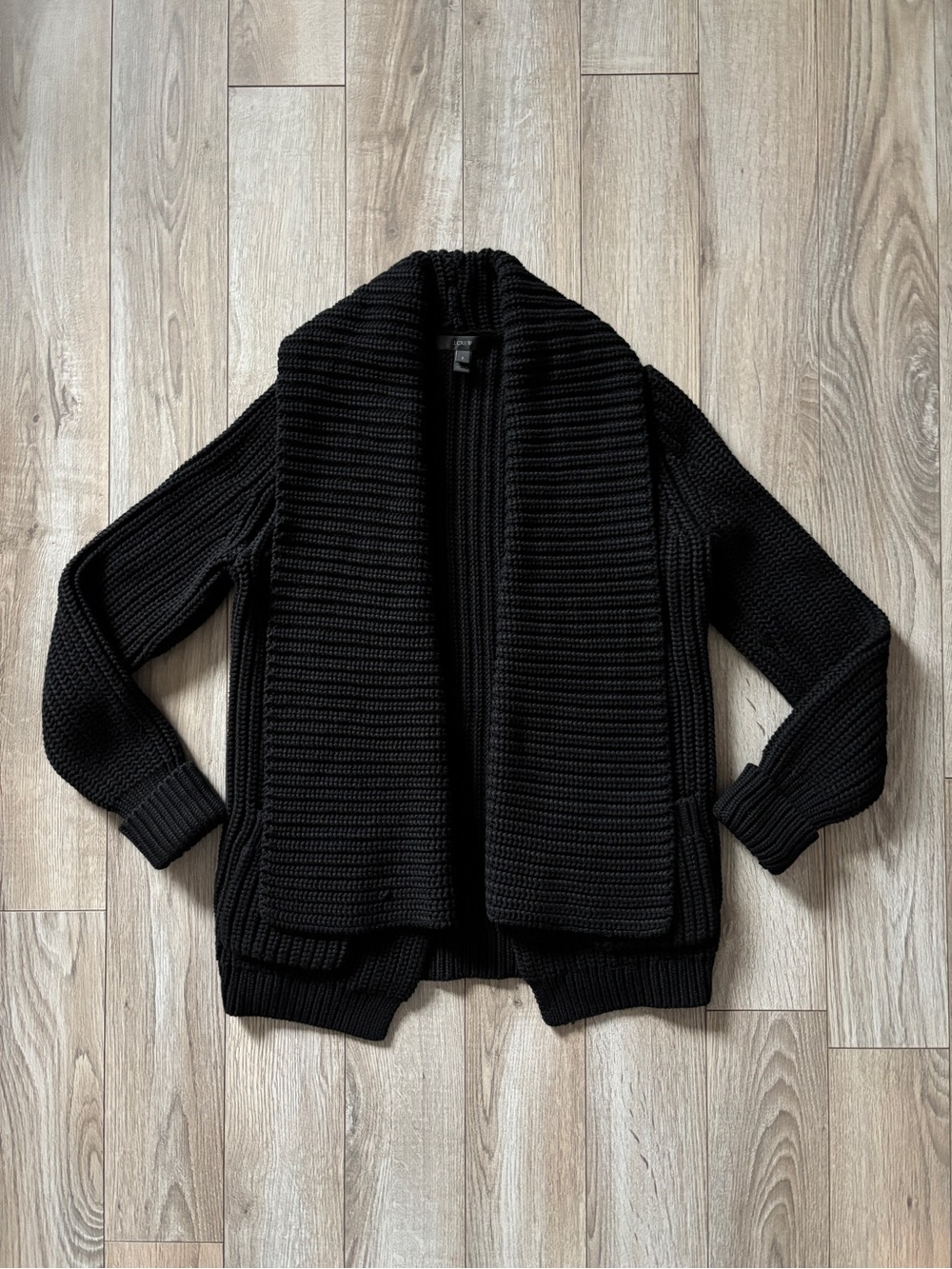 J.Crew Chunky Black Ribbed Cotton Shawl Collar Cardigan Sweater Size S Fisherman